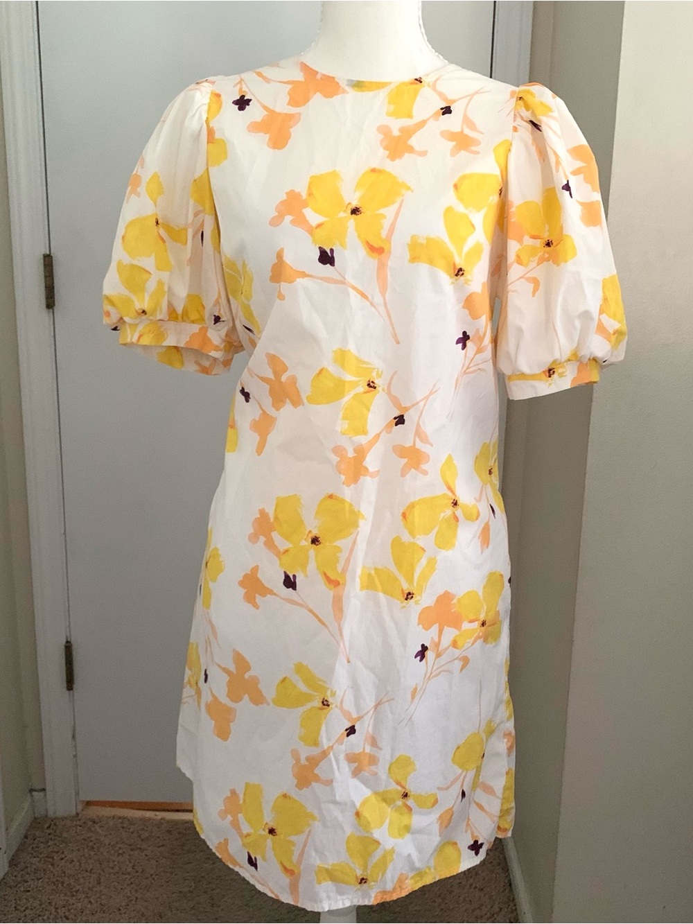 A New Day Cotton Poplin Dress Shift Yellow Floral Balloon Sleeve Short Sz M